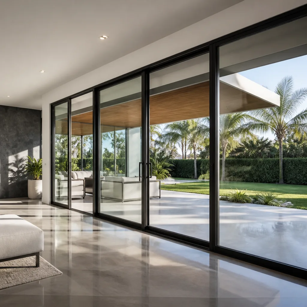 Modern sliding patio doors opening onto a lush garden patio.