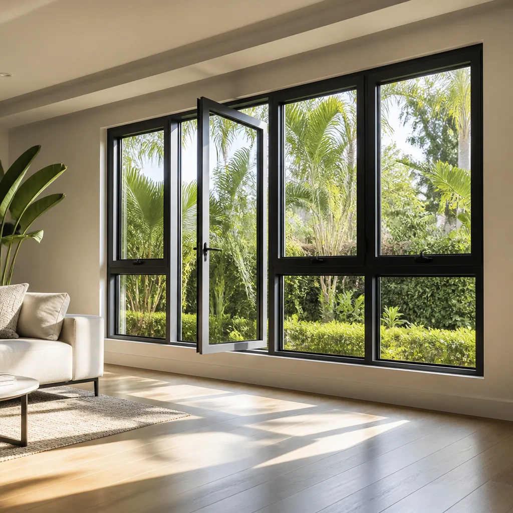 Modern black-framed casement windows installed in a bright living room in West Palm Beach, FL