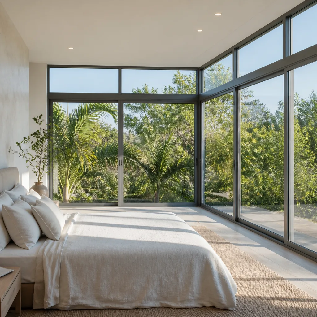 Modern bedroom with expansive floor-to-ceiling glass windows and sliding doors
