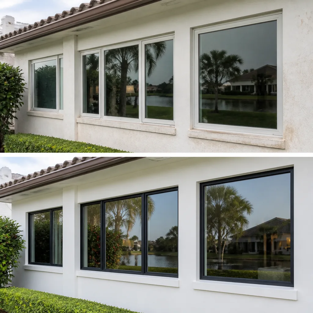 Residential window replacement showcasing white to black frame upgrade